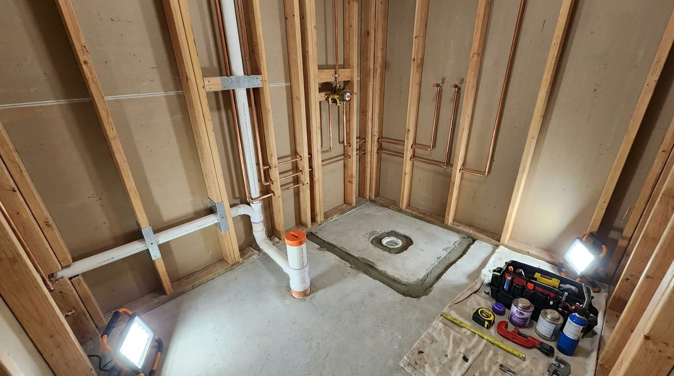 Bathroom rough-in plumbing during remodel by Johns Plumbing LLC in McMechen