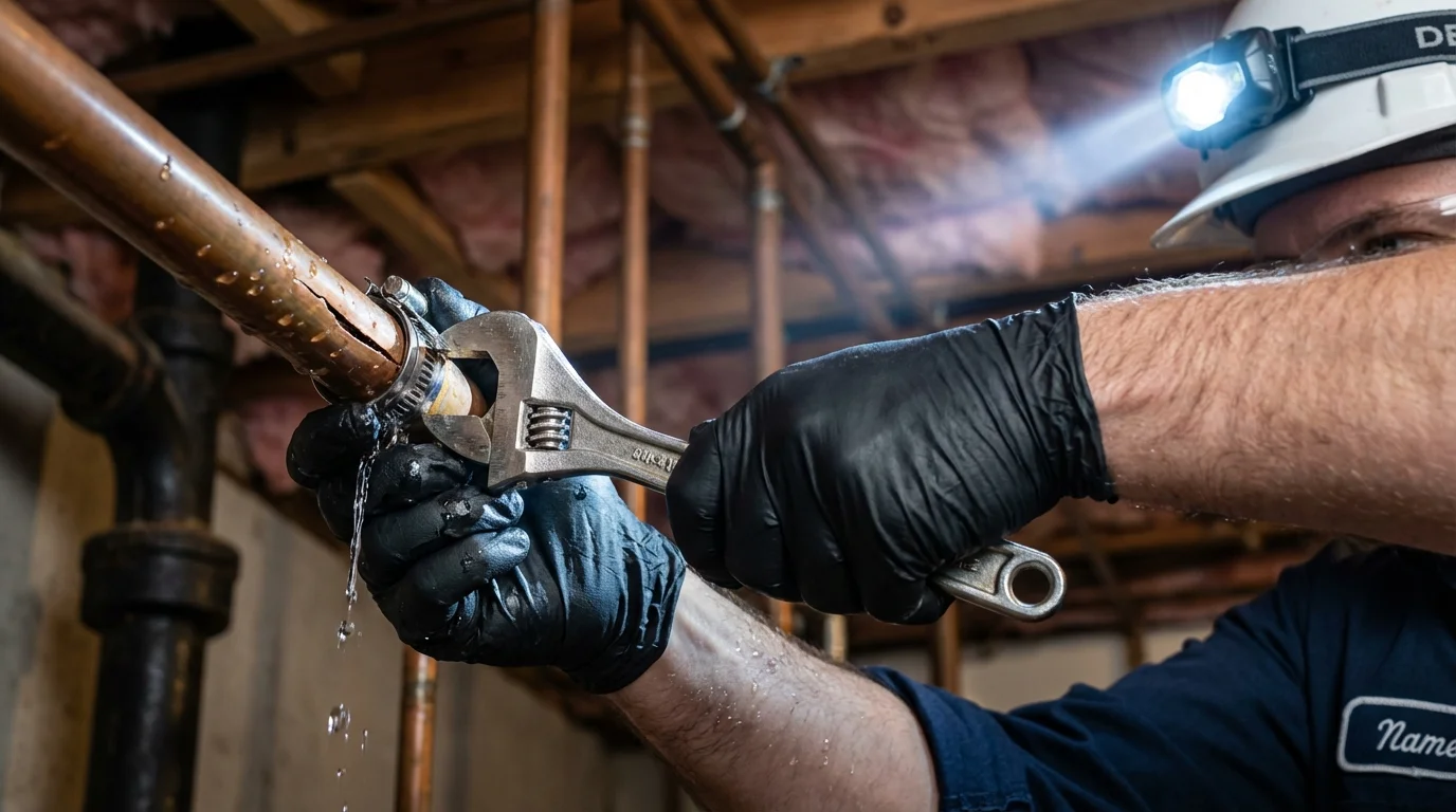 Emergency pipe clamp repair being performed by a Johns Plumbing LLC plumber in McMechen