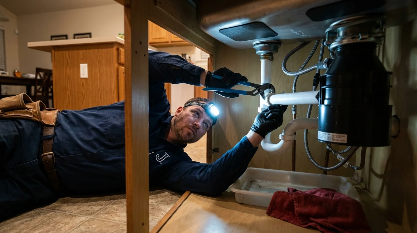 P-trap and supply line connections under a kitchen sink showing a common leak point in McMechen, WV